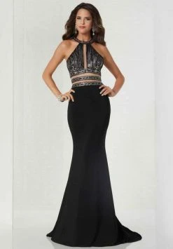 Tiffany Designs - Beaded Halter Jersey Sheath Dress 46144 - 1 Pc Black In Size 6 Available