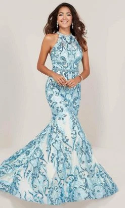 Tiffany Designs - Beaded Lace Halter Mermaid Gown 16336 - 1 Pc Sky Blue/Nude In Size 4 Available