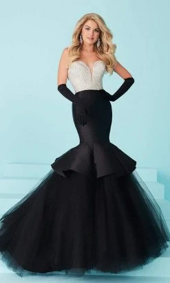 Tiffany Designs - Captivating Rhinestone And Crystal Beaded Deep Sweetheart Mermaid Dress 16217 - 1 Pc Champagne/Red In Size 4 Available Formal Gowns