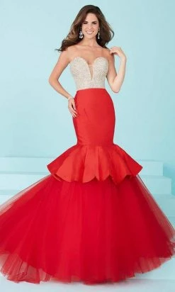 Tiffany Designs - Captivating Rhinestone And Crystal Beaded Deep Sweetheart Mermaid Dress 16217 - 1 Pc Champagne/Red In Size 4 Available Formal Gowns