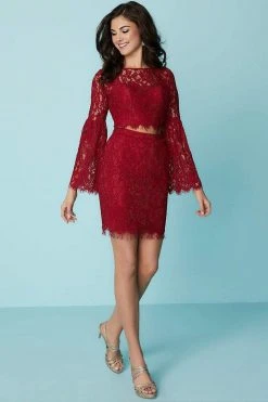 Cocktail Dresses Tiffany Homecoming - 27185 Bell Sleeve Illusion Floral Lace Two-Piece Dress