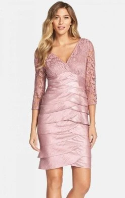 Adrianna Papell 12245620 V-Neck Lace Bodice Tiered Sheath Mini Dress - 1 Pc. Ash Rose In Size 6 Available