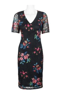 Adrianna Papell - AP1D102954 Floral Embroidered V-neck Sheath Dress