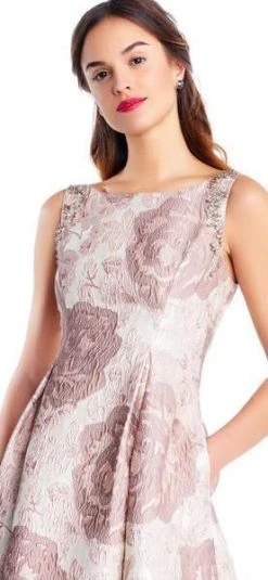 Adrianna Papell - Embellished Bateau A-line Dress AP1E203263 - 1 Pc Taupe Multi In Size 14 Available