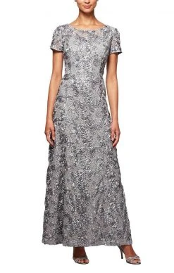 Alex Evenings - 212788 Rosette Lace Sequin Short Sleeve A-Line Gown