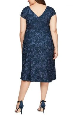 Alex Evenings - 4121570 Lace Cap Sleeves Plus Size Knee Length Dress