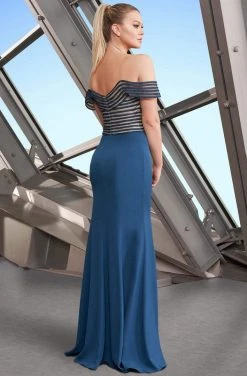 Alexander By Daymor - 1163 Crisscross Stripe Ornate Off Shoulder Dress