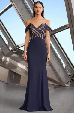 Alexander By Daymor - 1163 Crisscross Stripe Ornate Off Shoulder Dress