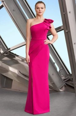 Alexander By Daymor - 1174 Asymmetric Ruffled One Shoulder Long Sheath Gown
