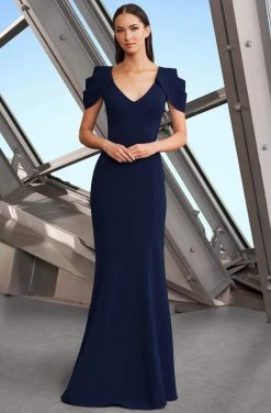 Alexander By Daymor - 1175 V-Neck Origami Pleated Sleeves Trumpet Gown