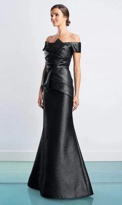 Alexander By Daymor - 1477 Off Shoulder Pleated Metallic Gown