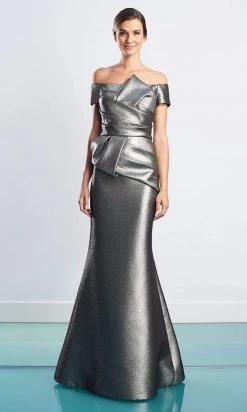 Alexander By Daymor - 1477 Off Shoulder Pleated Metallic Gown