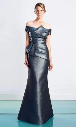 Alexander By Daymor - 1477 Off Shoulder Pleated Metallic Gown 12 Alexander By Daymor - 1477 Off Shoulder Pleated Metallic Gown