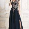 Alexander By Daymor - 758 Floral Embroidered Wide V-neck A-line Dress
