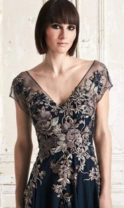 Alexander By Daymor - 758 Floral Embroidered Wide V-neck A-line Dress