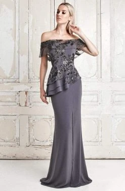 Alexander By Daymor - Embroidered Off Shoulder Peplum Long Gown 773 - 1 Pc Slate In Size 14 Available