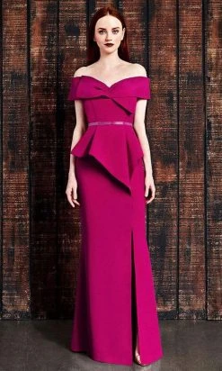 Alexander By Daymor Oversized Bow Accent Off Shoulder Long Gown 850 - 1 Pc Cranberry In Size 18 And 1 Pc Midnite In Size 22 Available