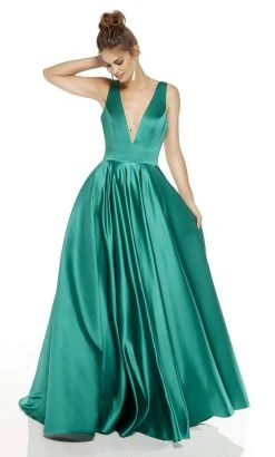 Alyce Paris - 60707 Plunging V-Neck Luxe Satin A-Line Dress