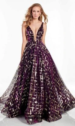 Alyce Paris - 60869 Plunging Gold Lattice Motif A-Line Gown