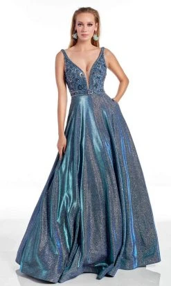 Alyce Paris - 60874 Embellished Deep V Neck Glitter Chrome A-line Gown