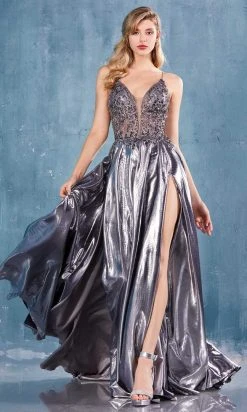 Andrea And Leo - A0742 Beaded Plunging V Neck Dress With Slits 11 Andrea And Leo - A0742 Beaded Plunging V Neck Dress With Slits