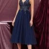 Andrea And Leo - A0762S Beaded Plunging V Neck Tea Length Dress
