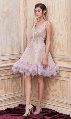 Andrea And Leo - A1012 Multi-Beaded Fit And Flare Feather Hem Dress