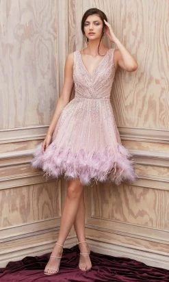 Andrea And Leo - A1012 Multi-Beaded Fit And Flare Feather Hem Dress