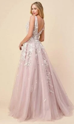 Andrea And Leo - A1028 Floral Applique Deep V Neck Ballgown
