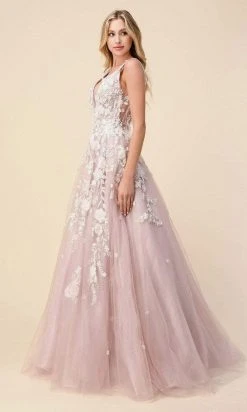 Andrea And Leo - A1028 Floral Applique Deep V Neck Ballgown
