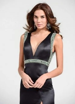 Ashley Lauren - 1094 Rhinestone Beaded Deep V-neck Column Dress