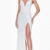 Ashley Lauren - 11037 V-Neck Lace-up Back High Slit Full Sequin Gown