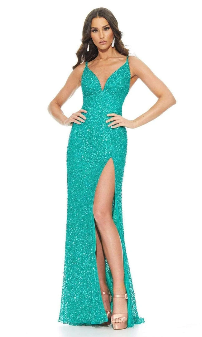 Ashley Lauren - 11037 V-Neck Lace-up Back High Slit Full Sequin Gown 10 Ashley Lauren - 11037 V-Neck Lace-up Back High Slit Full Sequin Gown