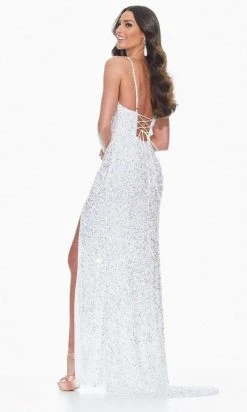 Ashley Lauren - 11037 V-Neck Lace-up Back High Slit Full Sequin Gown