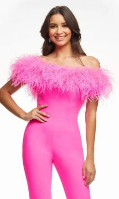 Ashley Lauren - 11100 Feather Neck Off Shoulder Jumpsuit