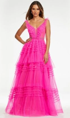 Ashley Lauren - 11142 Plunging V-Neck Tired Ruffle Gown