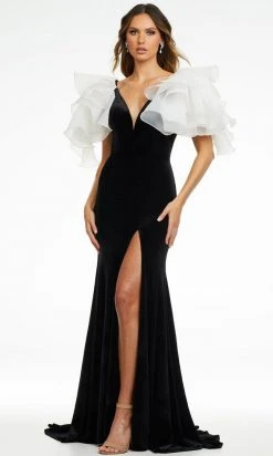 Ashley Lauren - 11172 Ruffled Shoulder High Slit Gown