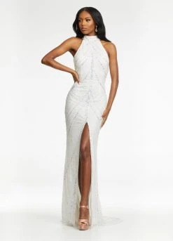 Ashley Lauren - 11177 Beaded Halter Gown With Slit