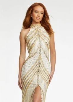 Ashley Lauren - 11177 Beaded Halter Gown With Slit