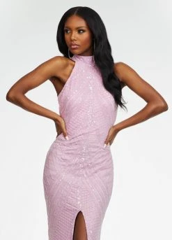 Ashley Lauren - 11177 Beaded Halter Gown With Slit