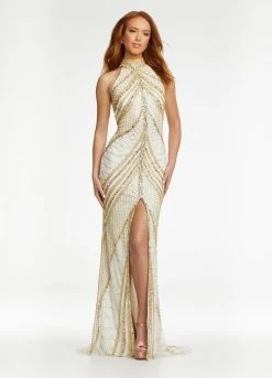 Ashley Lauren - 11177 Beaded Halter Gown With Slit