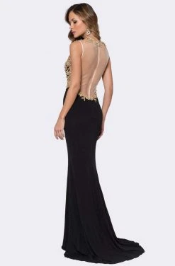 Ashley Lauren - 1186 Gold Embroidered Illusion Jewel Sheath Dress