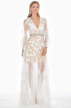 Ashley Lauren - 1338 Floral Applique Plunging V-neck A-line Dress