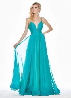 Ashley Lauren - 1386 Pleated Deep V-neck A-line Dress