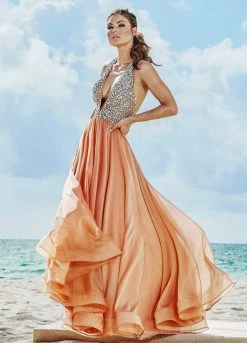 Ashley Lauren - 1391 Crystal Crusted Plunging Halter Chiffon Gown 14 Ashley Lauren - 1391 Crystal Crusted Plunging Halter Chiffon Gown