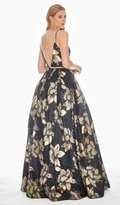 Ashley Lauren - 1395 Deep V-neck Floral Brocade Pleated Ballgown