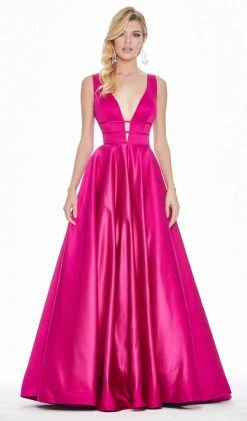 Ashley Lauren - 1409 Plunging V-Neck Satin A-Line Gown