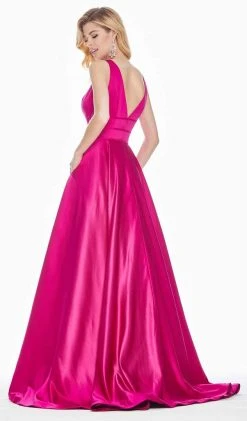 Ashley Lauren - 1409 Plunging V-Neck Satin A-Line Gown