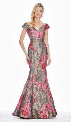 Ashley Lauren - 1411 Cap Sleeve Off Shoulder Metallic Floral Gown