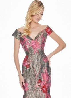 Ashley Lauren - 1411 Cap Sleeve Off Shoulder Metallic Floral Gown
